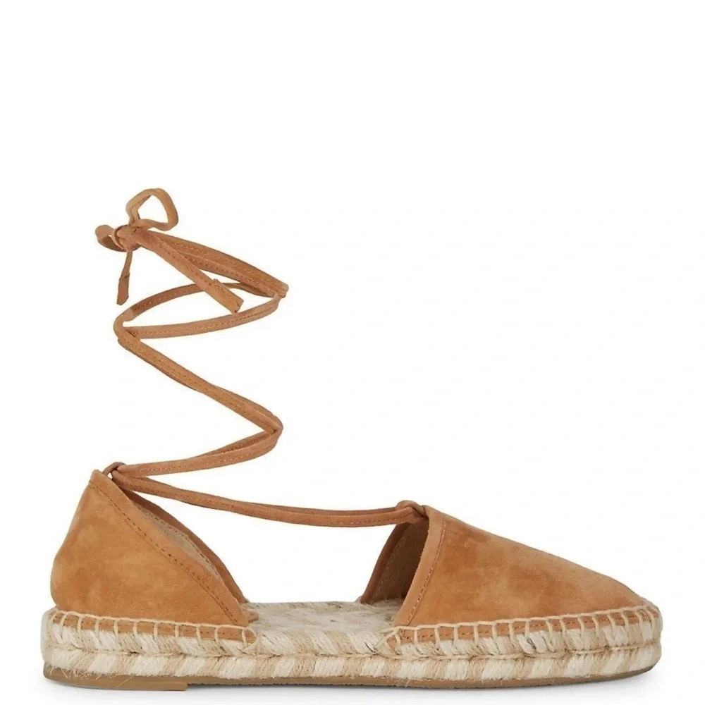 FRYE Women's Leo Two-Piece Espadrille Suede Flat Sandal Sand Tan Ankle Lace Boho